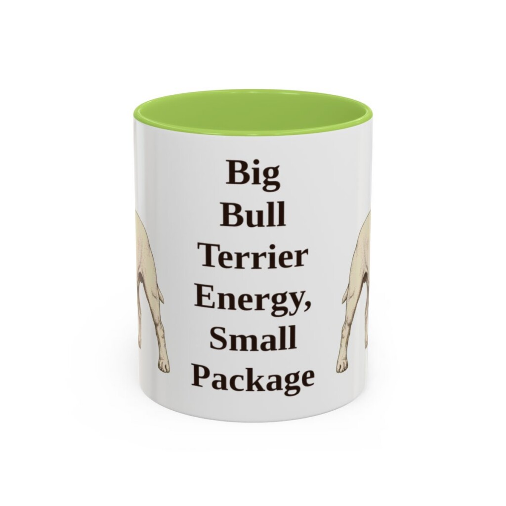 11oz Funny Miniature Bull Terrier Mug, Light Green, front view