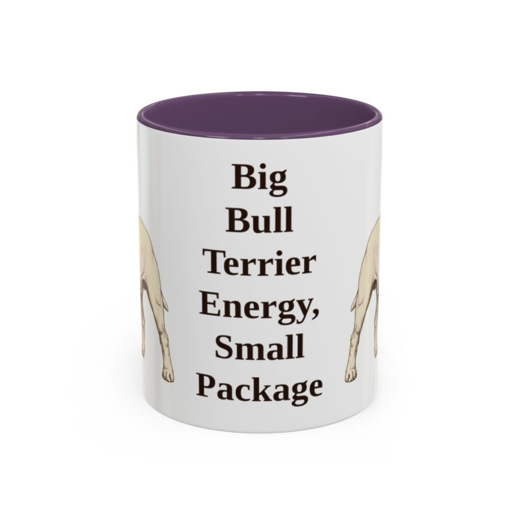 11oz Funny Miniature Bull Terrier Mug, Purple, front view
