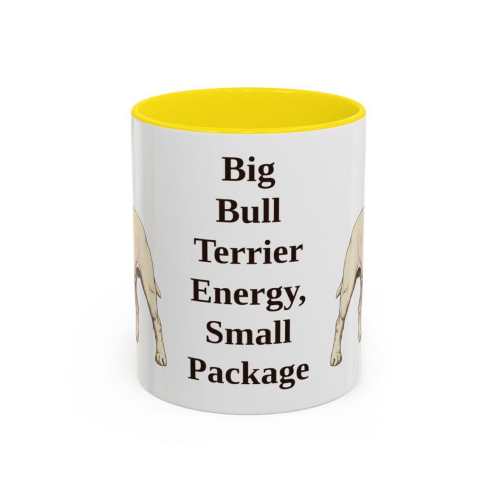 11oz Funny Miniature Bull Terrier Mug, Yellow, front view
