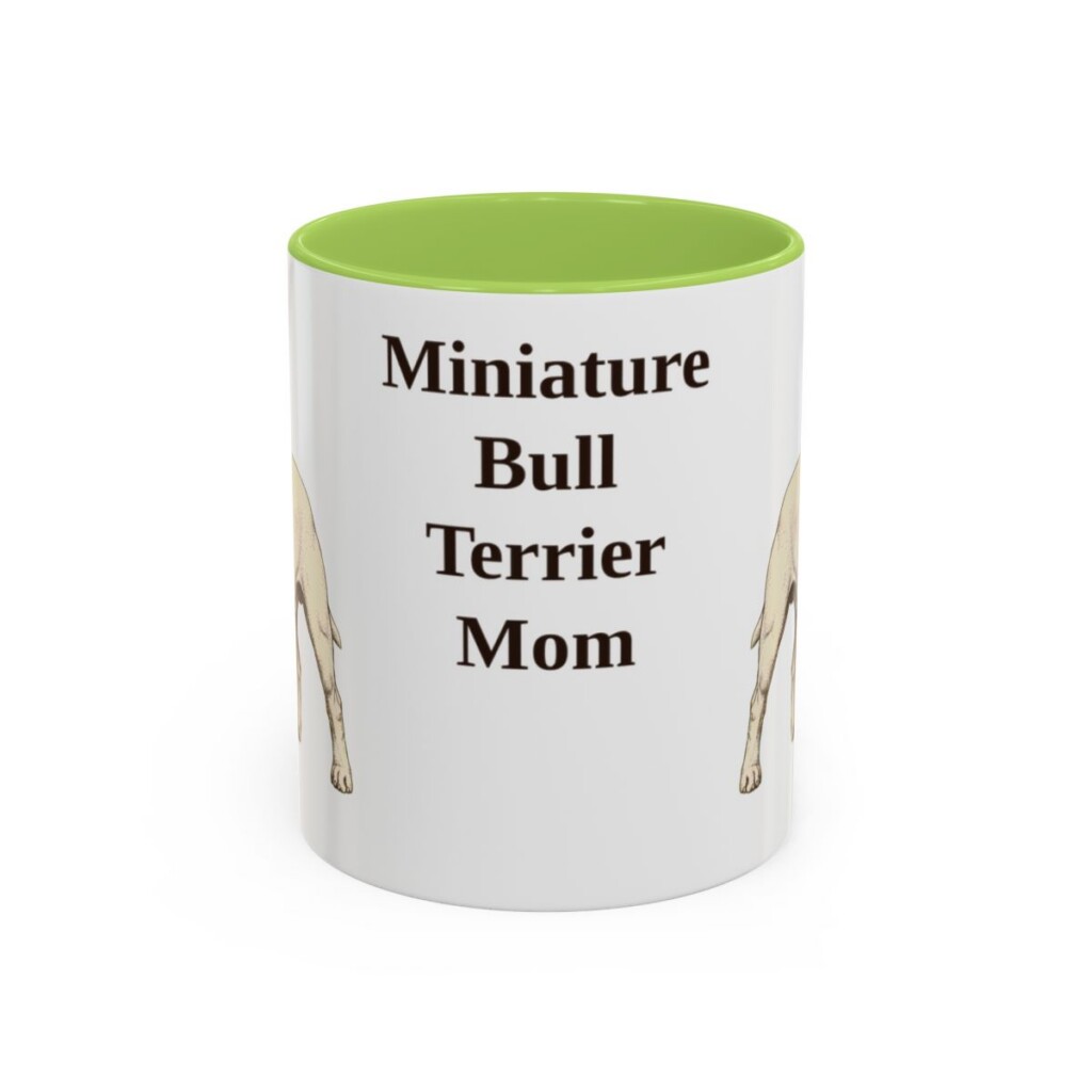 11oz-miniature-bull-terrier-mug-mom-light-green 11oz Miniature Bull Terrier Dog Mom Mug, Light Green, front view