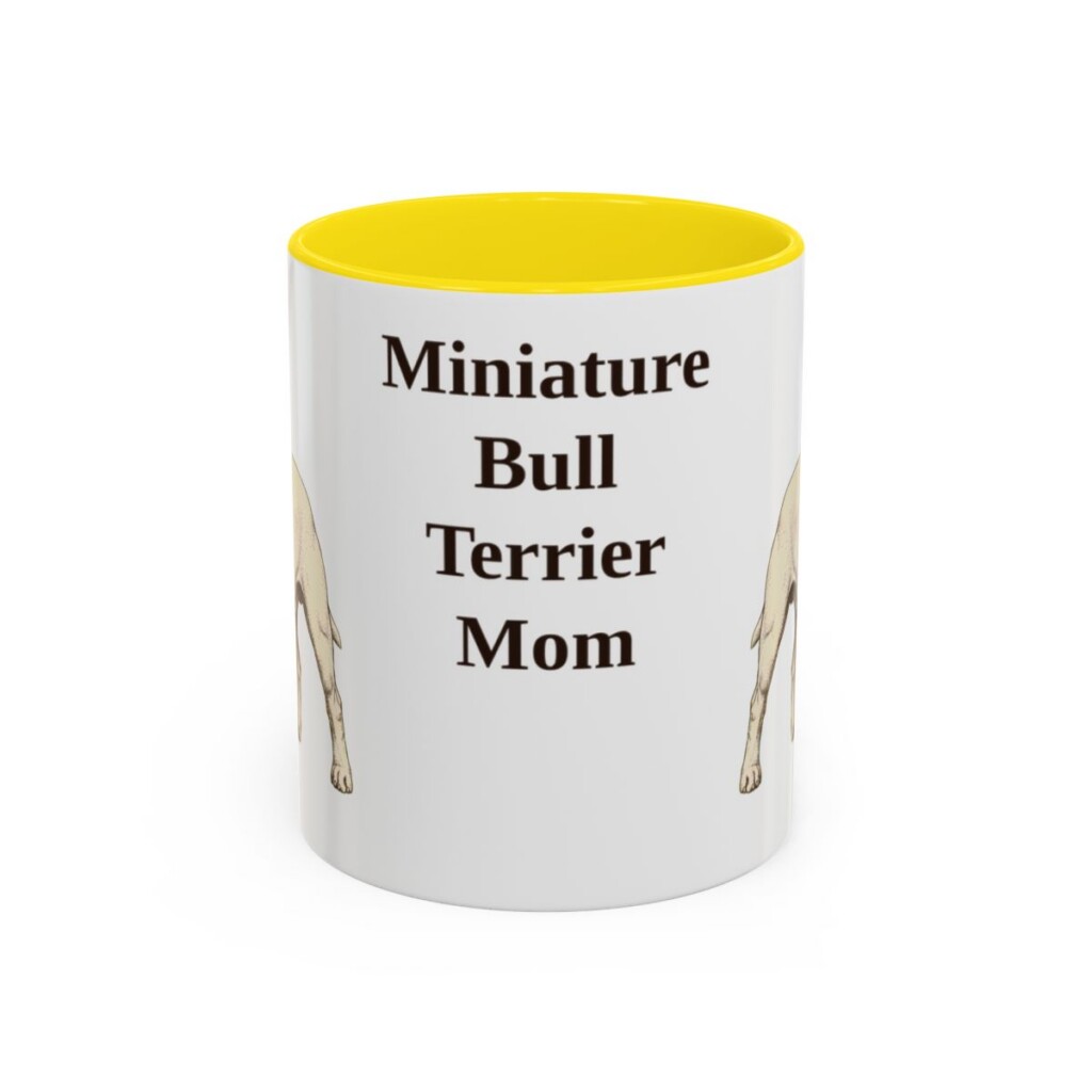 11oz-miniature-bull-terrier-mug-mom-yellow 11oz Miniature Bull Terrier Dog Mom Mug, Yellow, front view