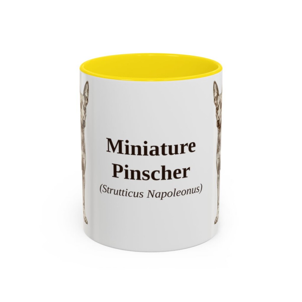 11oz Miniature Pinscher Latin Mug, Yellow, front view
