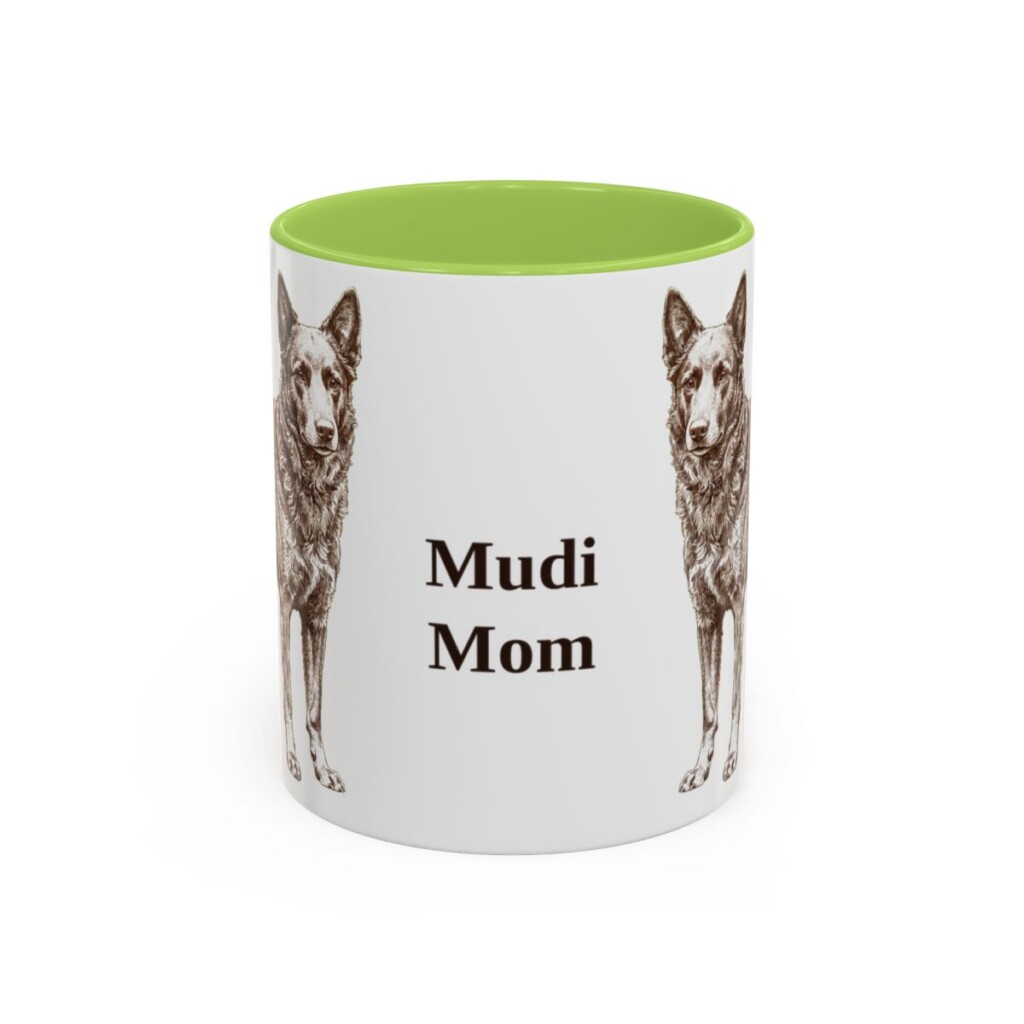 11oz Mudi Dog Mom Mug, Light Green, front view