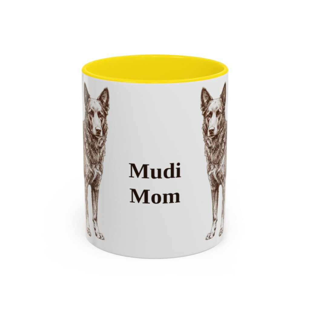 11oz Mudi Dog Mom Mug, Yellow, front view