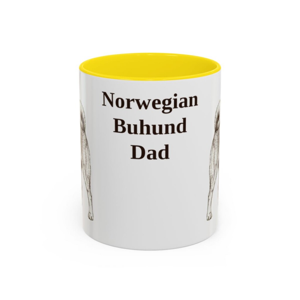 11oz Norwegian Buhund Dog Dad Mug, Yellow, front view