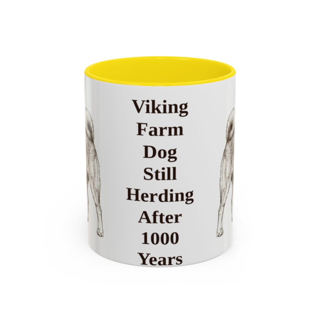 11oz Funny Norwegian Buhund Mug, Yellow, front view