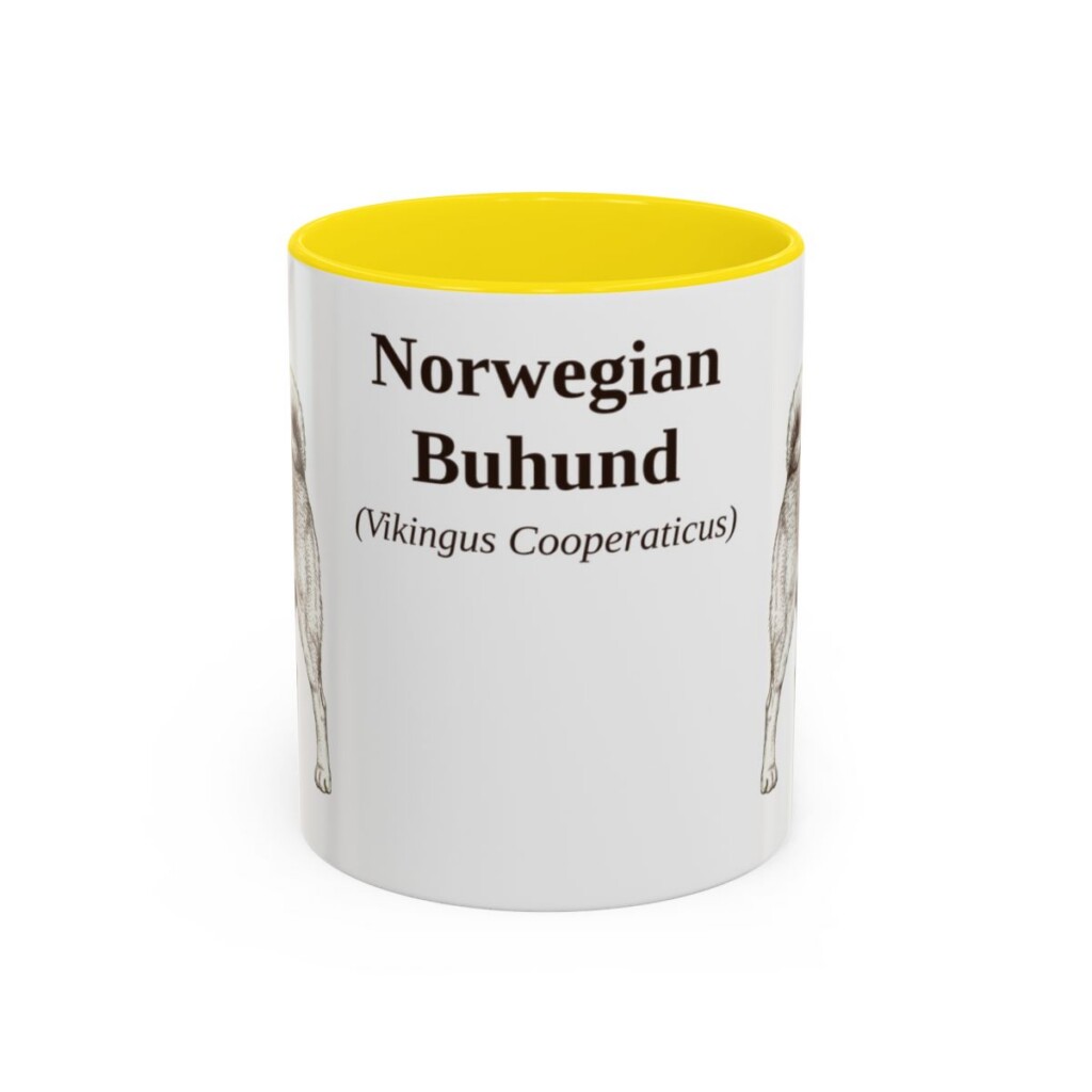 11oz Norwegian Buhund Latin Mug, Yellow, front view