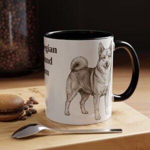 11oz Norwegian Buhund Dog Mom Mug, Black, lifestyle photo