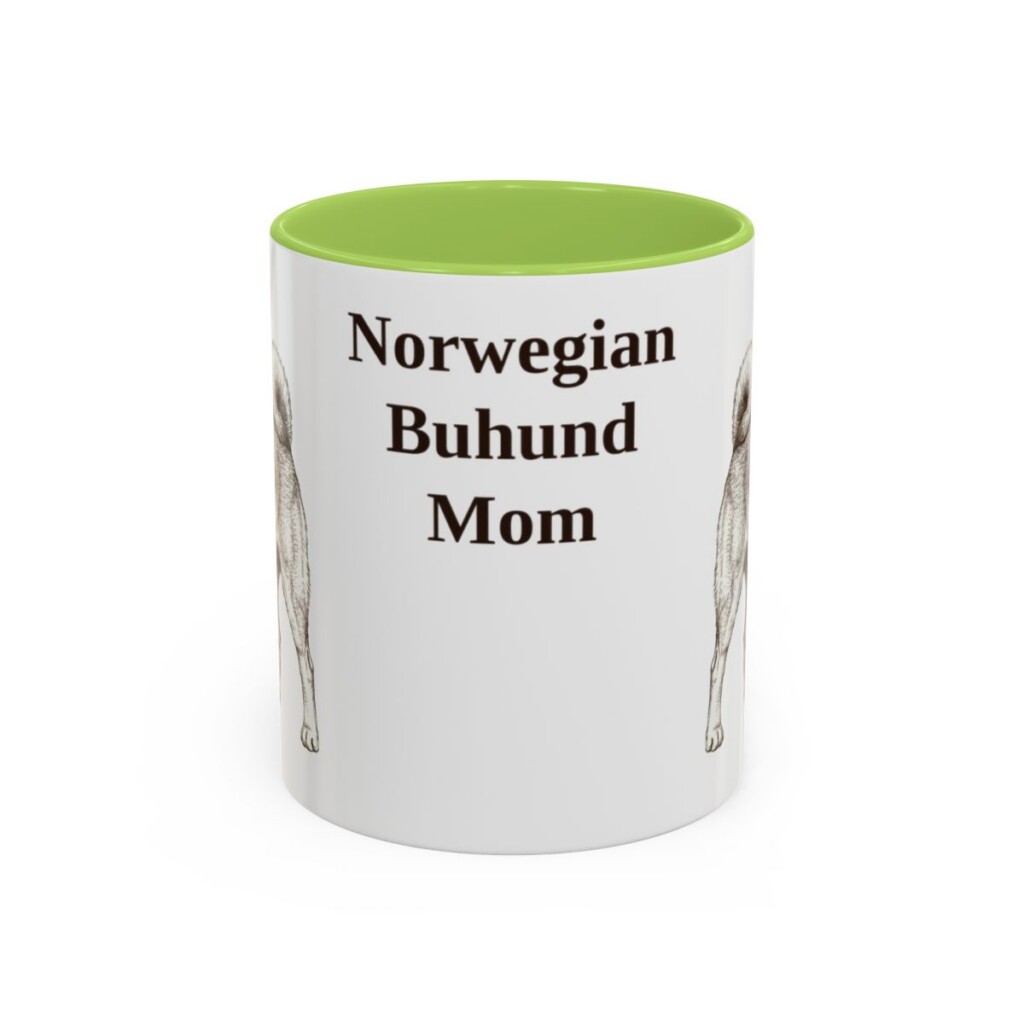 11oz-norwegian-buhund-mug-mom-light-green 11oz Norwegian Buhund Dog Mom Mug, Light Green, front view