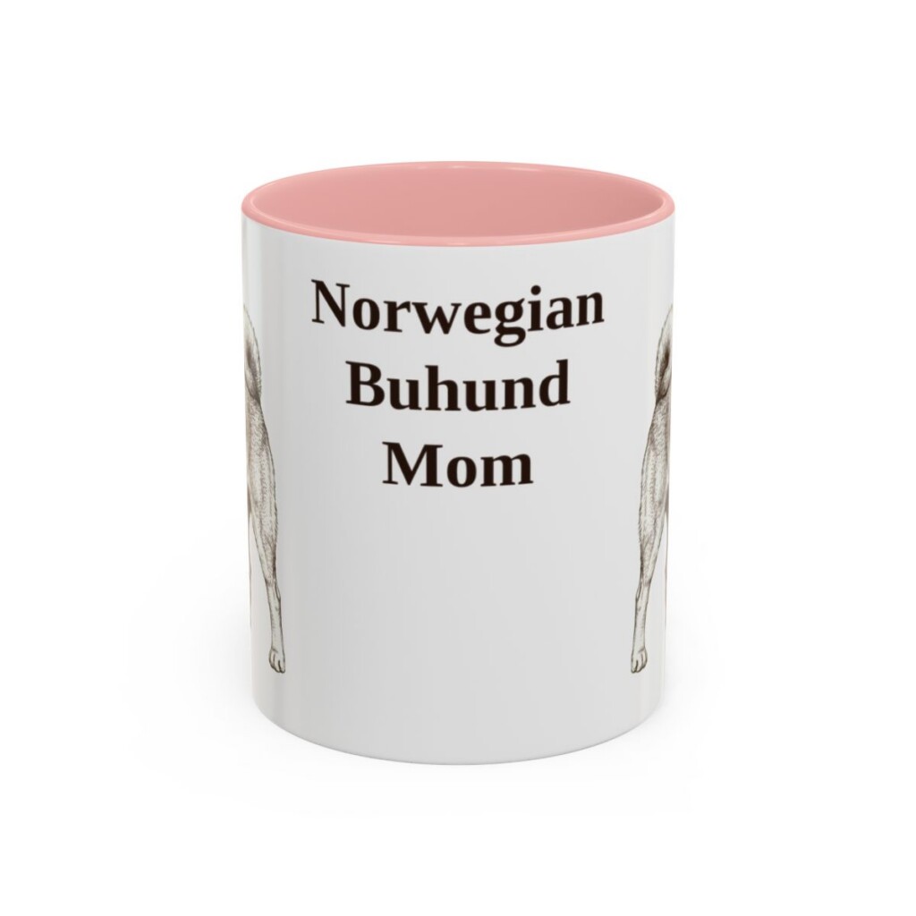 11oz-norwegian-buhund-mug-mom-pink 11oz Norwegian Buhund Dog Mom Mug, Pink, front view