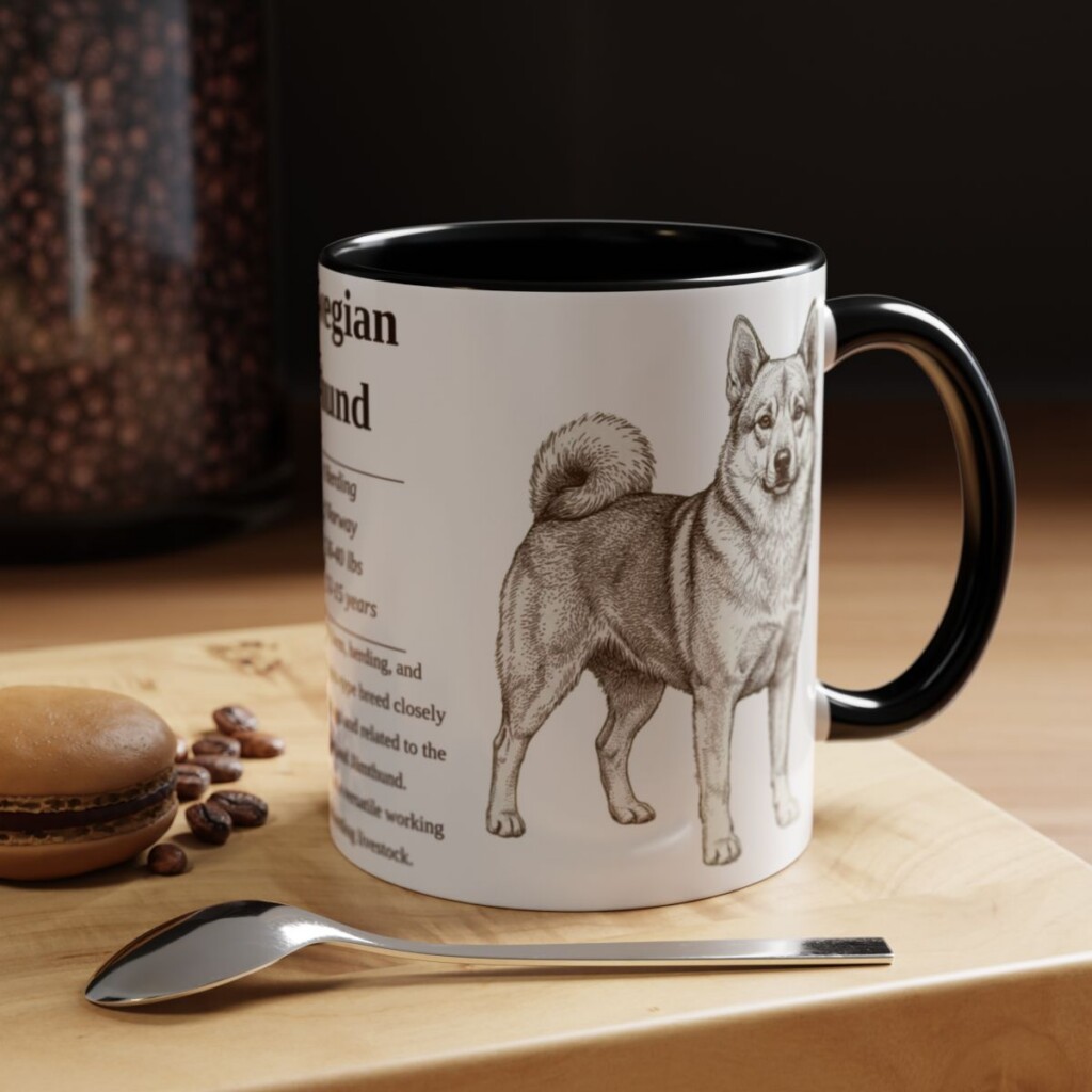11oz Norwegian Buhund Mug, Black, lifestyle photo