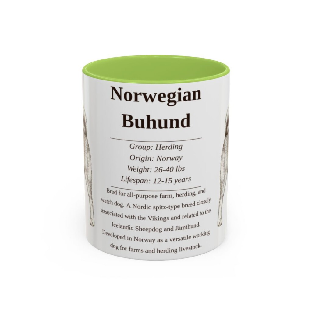 11oz Norwegian Buhund Mug, Light Green, front view