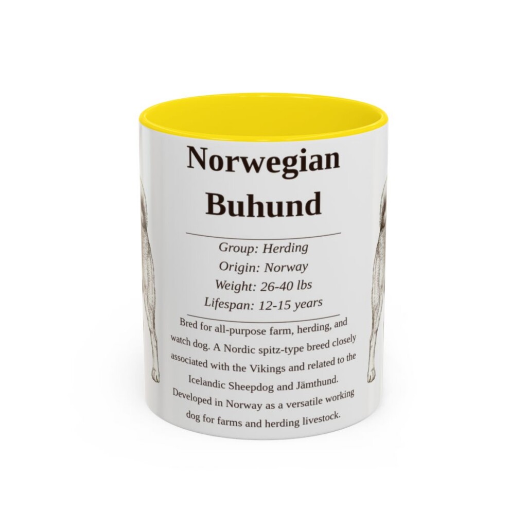 11oz Norwegian Buhund Mug, Yellow, front view