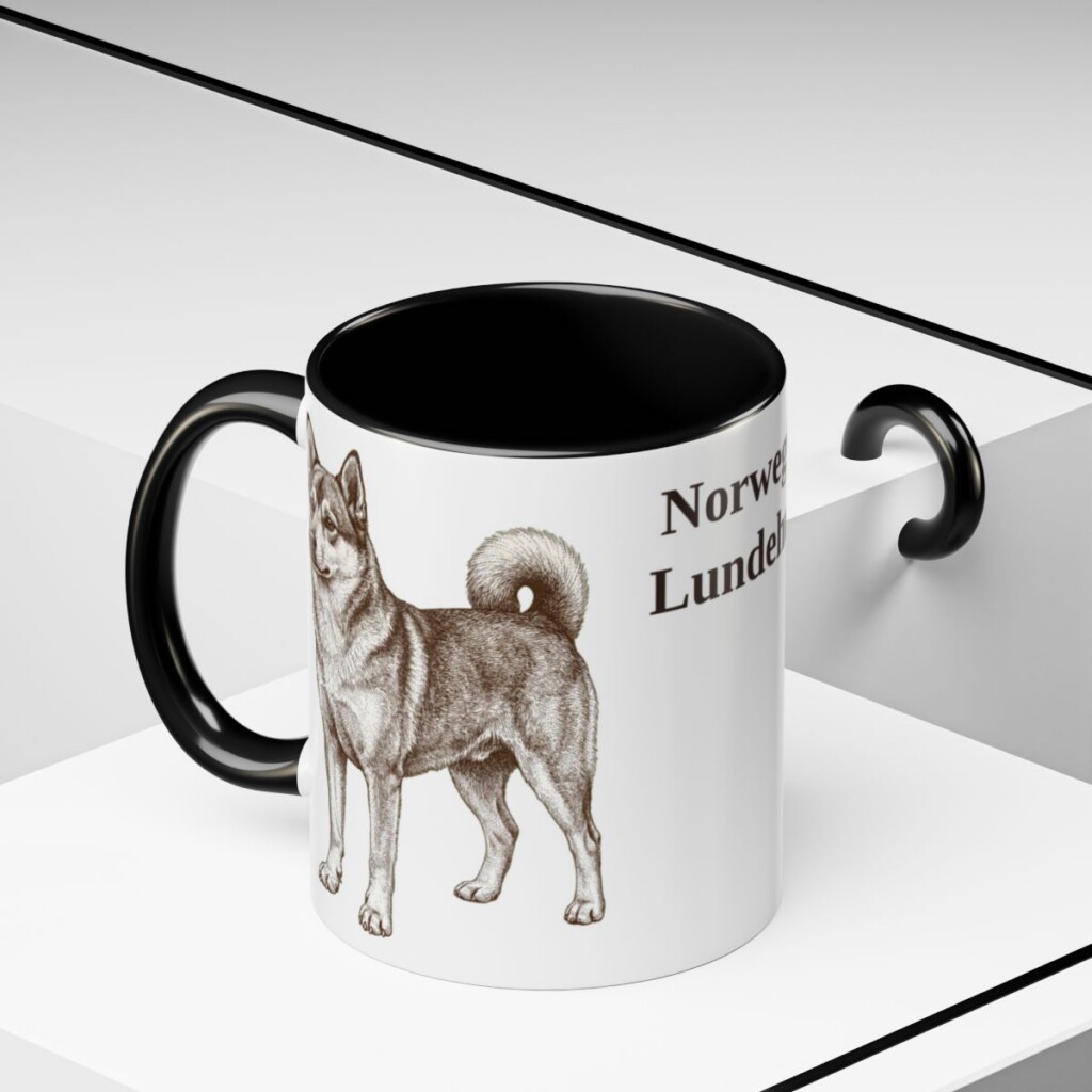 11oz Norwegian Lundehund Mug, Black, lifestyle photo