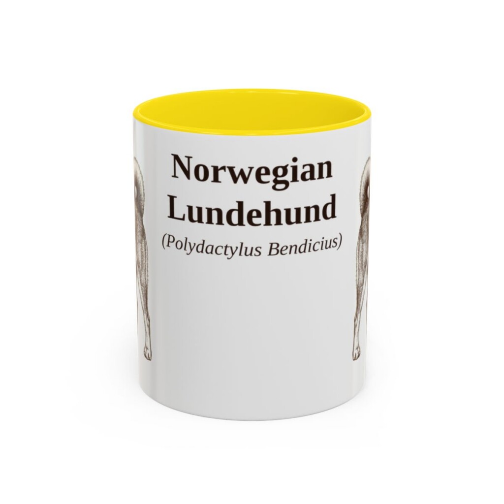 11oz Norwegian Lundehund Latin Mug, Yellow, front view