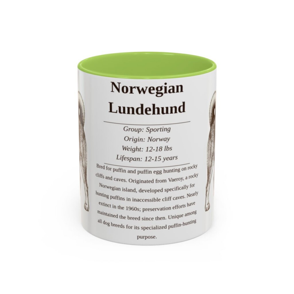 11oz Norwegian Lundehund Mug, Light Green, front view
