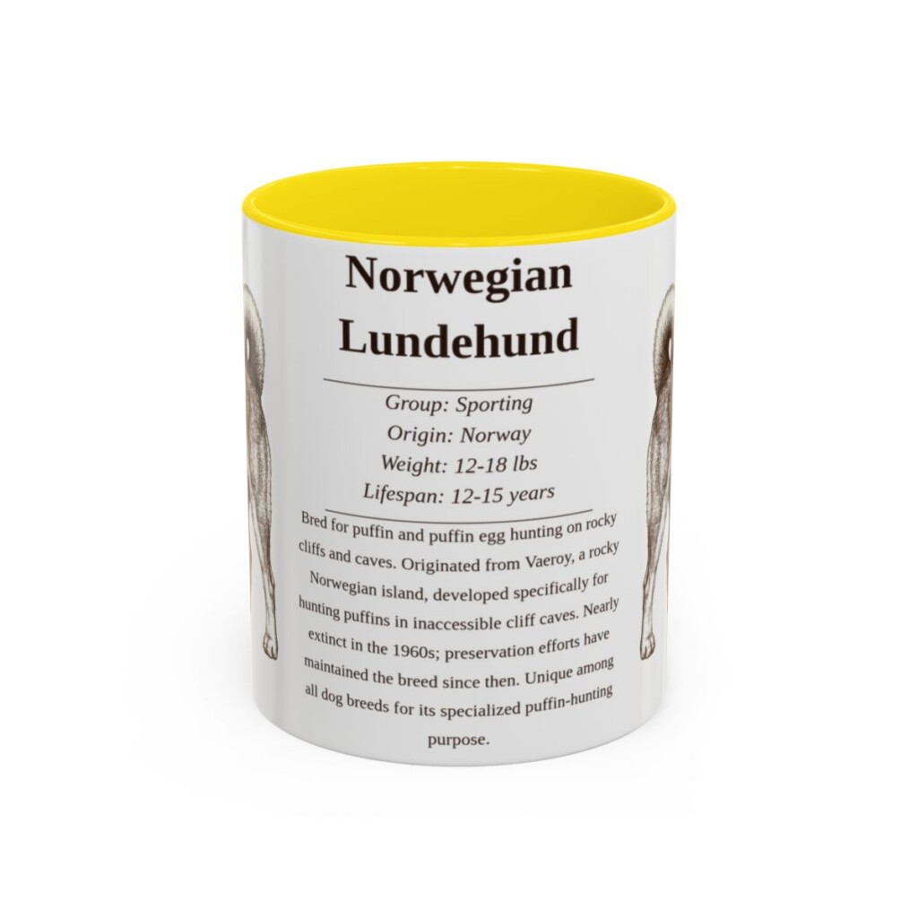 11oz Norwegian Lundehund Mug, Yellow, front view