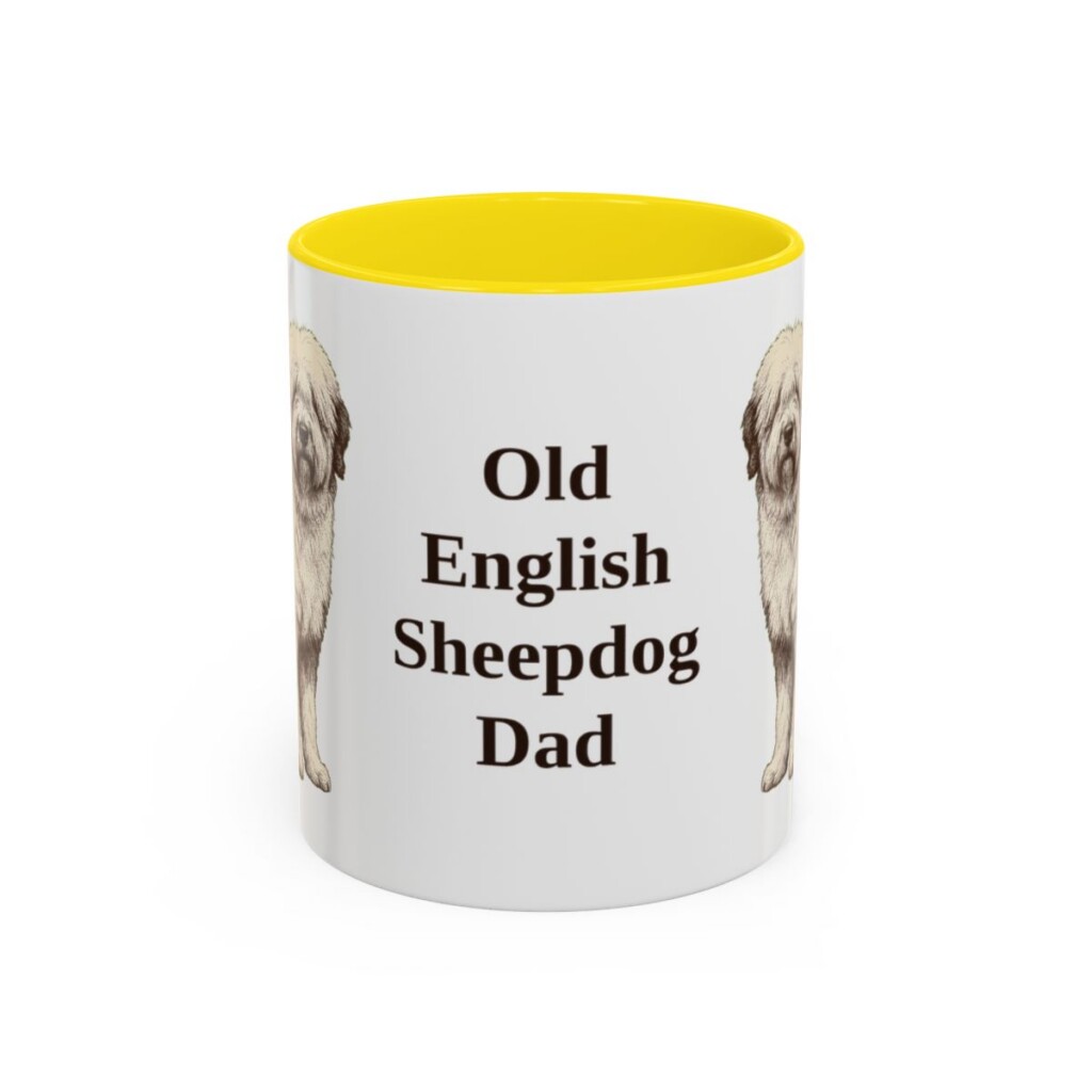 11oz Old English Sheepdog Dog Dad Mug, Yellow, front view