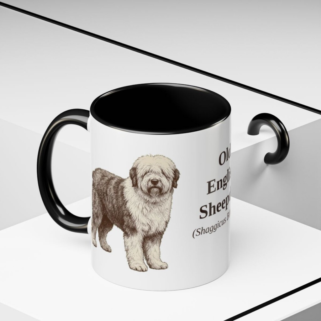 11oz Old English Sheepdog Latin Mug, Black, lifestyle photo