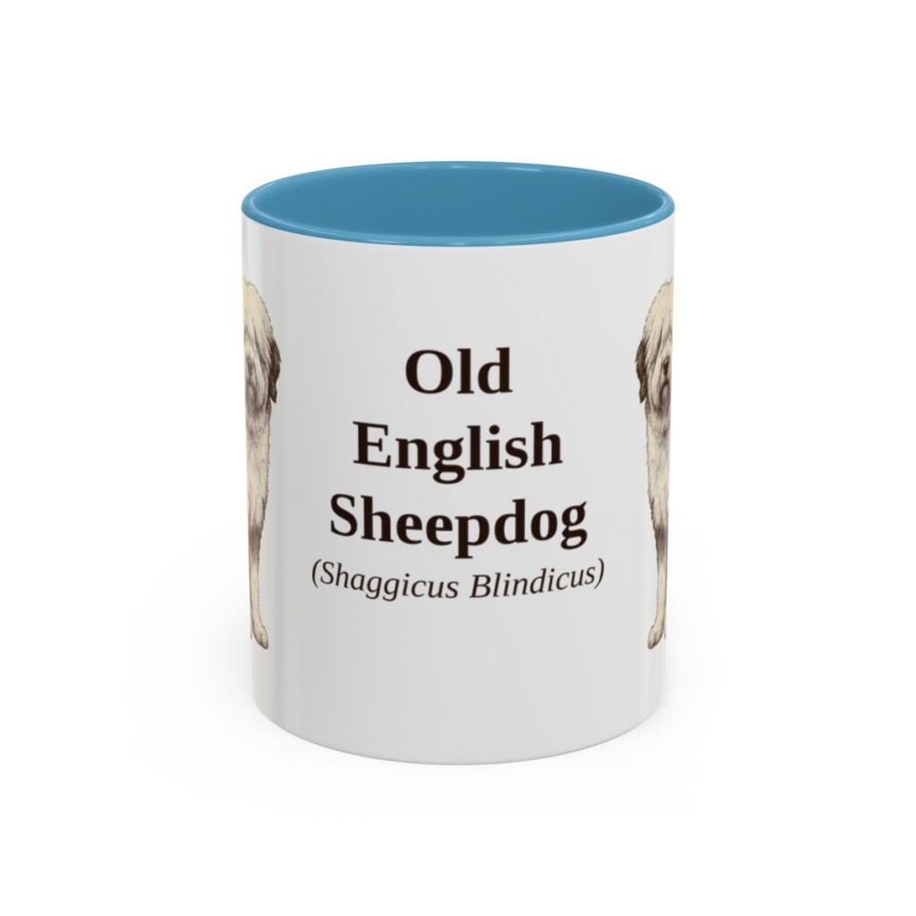 11oz Old English Sheepdog Latin Mug, Light Blue, front view