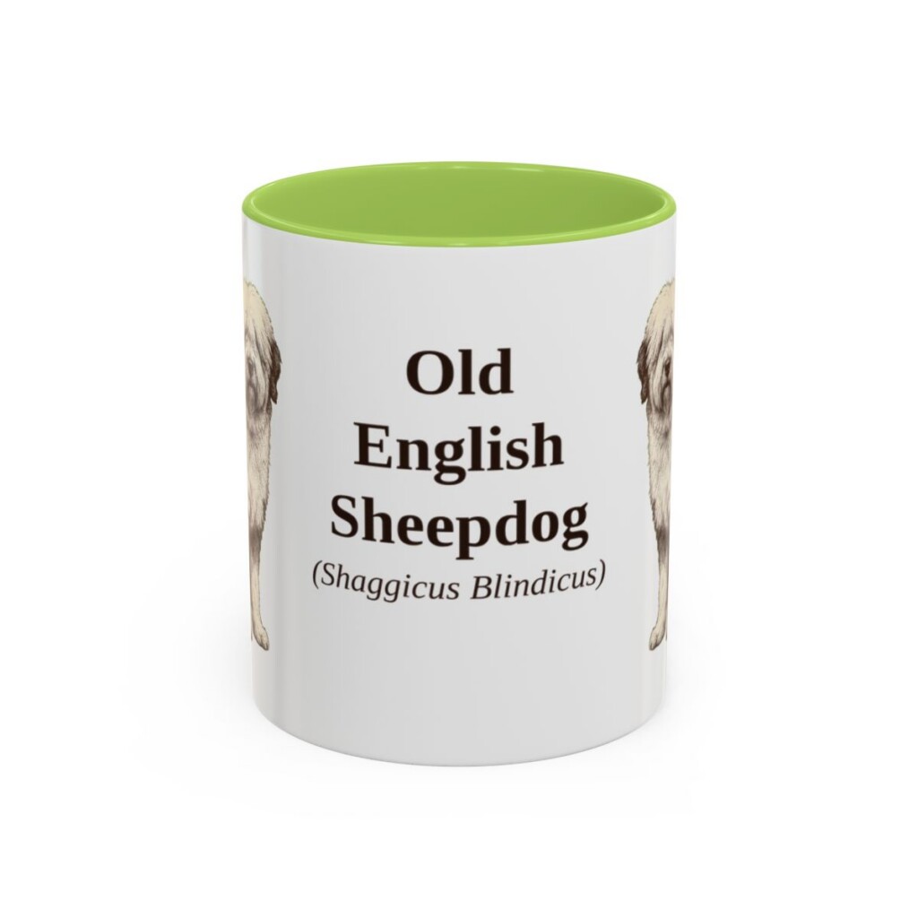 11oz Old English Sheepdog Latin Mug, Light Green, front view