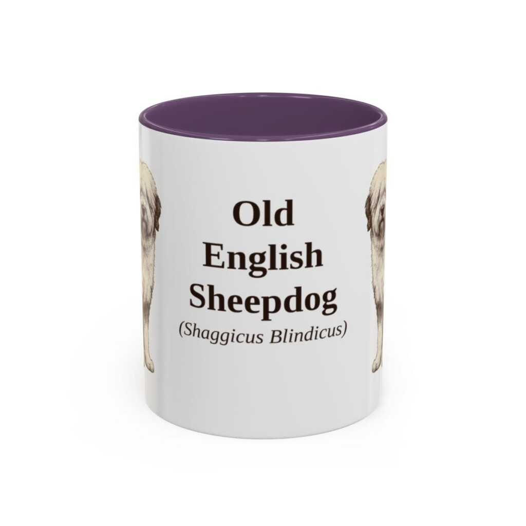 11oz Old English Sheepdog Latin Mug, Purple, front view