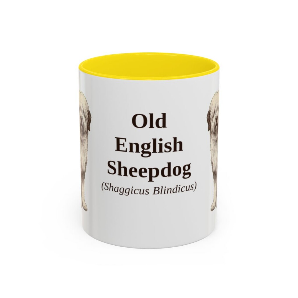11oz Old English Sheepdog Latin Mug, Yellow, front view