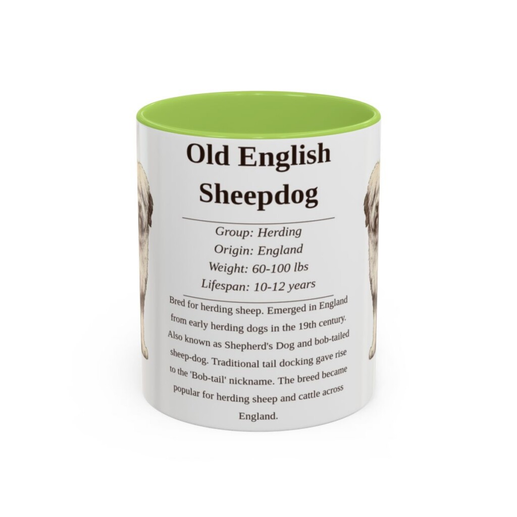 11oz Old English Sheepdog Mug, Light Green, front view