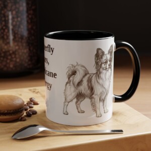 11oz Funny Papillon Mug, Black, lifestyle photo