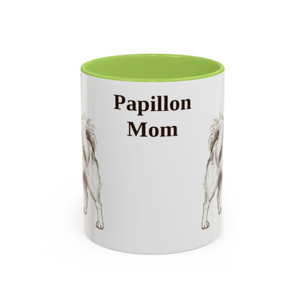 11oz Papillon Dog Mom Mug, Light Green, front view