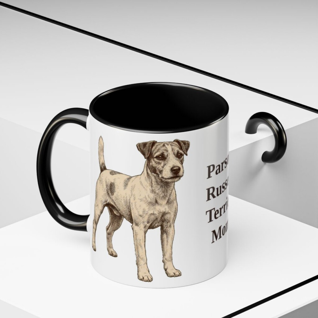 11oz Parson Russell Terrier Dog Mom Mug, Black, lifestyle photo