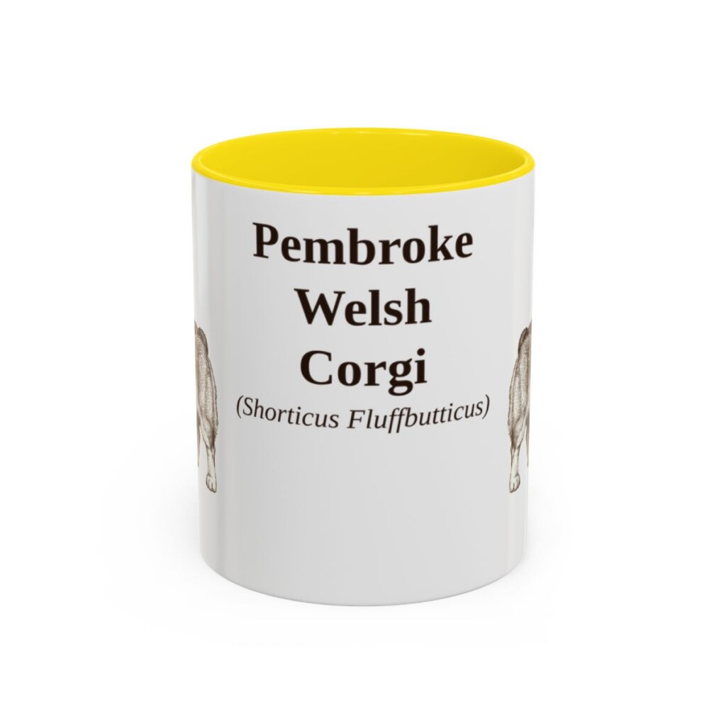 11oz Pembroke Welsh Corgi Latin Mug, Yellow, front view