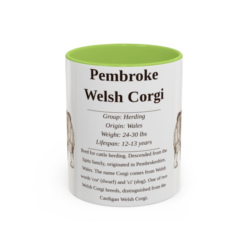 11oz Pembroke Welsh Corgi Mug, Light Green, front view