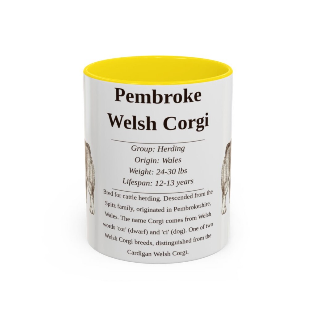 11oz Pembroke Welsh Corgi Mug, Yellow, front view