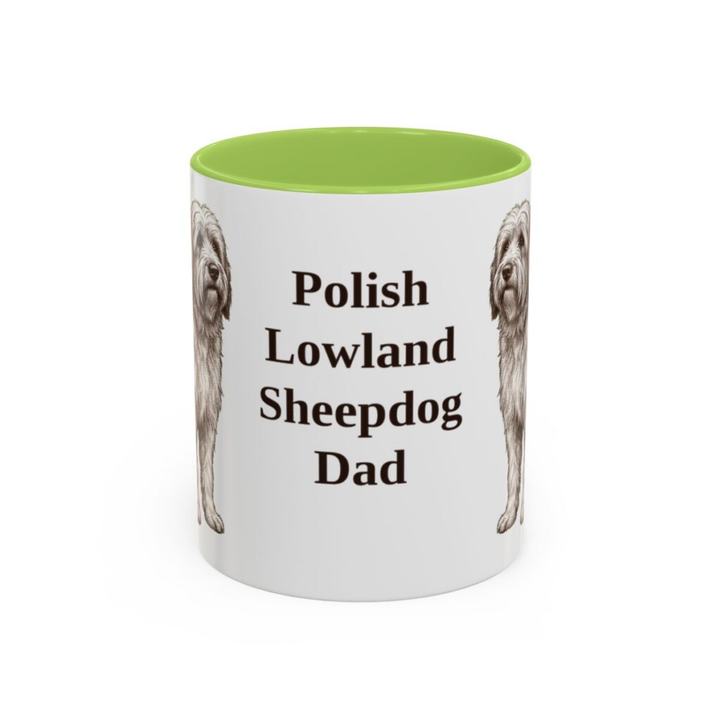 11oz Polish Lowland Sheepdog Dog Dad Mug, Light Green, front view