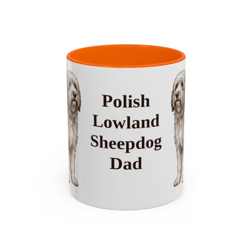 11oz Polish Lowland Sheepdog Dog Dad Mug, Orange, front view