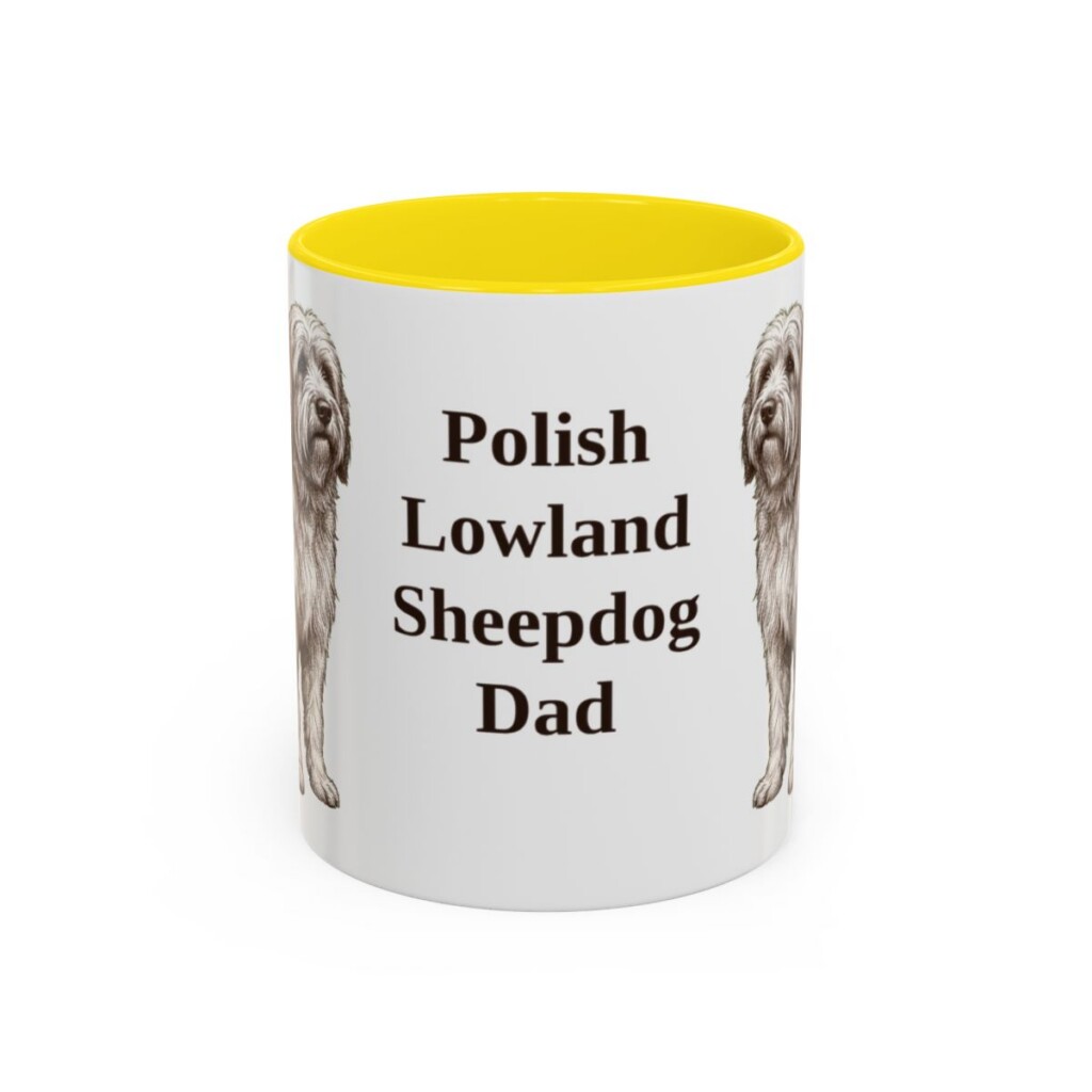 11oz Polish Lowland Sheepdog Dog Dad Mug, Yellow, front view