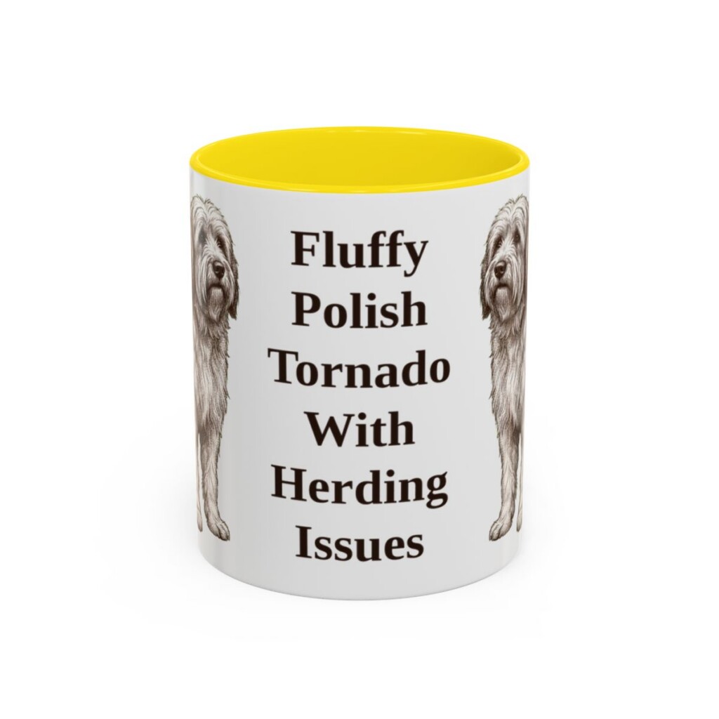 11oz Funny Polish Lowland Sheepdog Mug, Yellow, front view