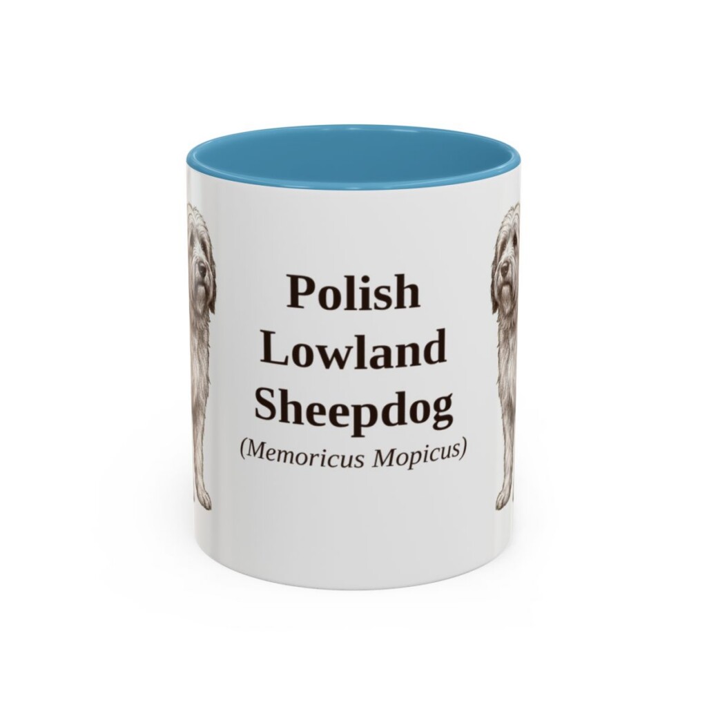 11oz-polish-lowland-sheepdog-mug-latin-light-blue 11oz Polish Lowland Sheepdog Latin Mug, Light Blue, front view