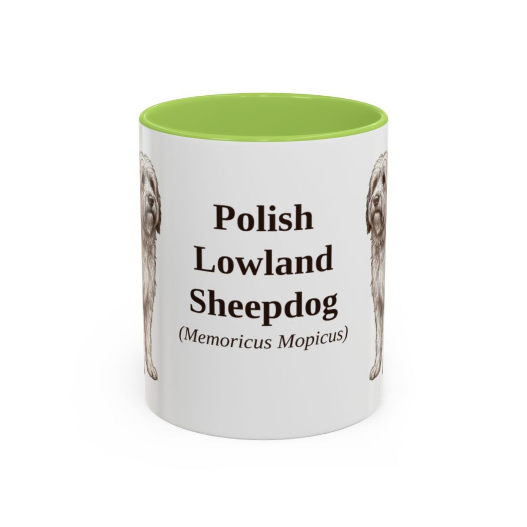 11oz-polish-lowland-sheepdog-mug-latin-light-green 11oz Polish Lowland Sheepdog Latin Mug, Light Green, front view