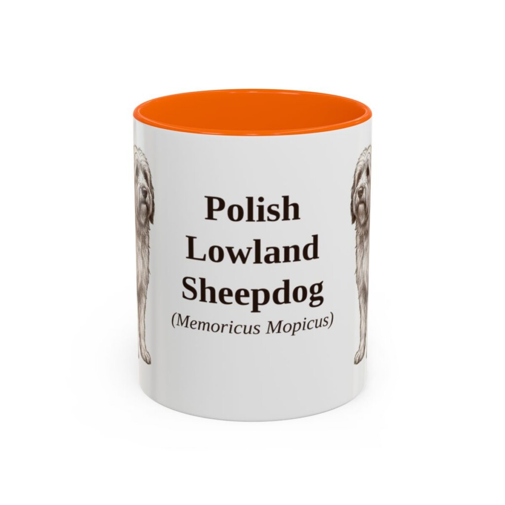 11oz-polish-lowland-sheepdog-mug-latin-orange 11oz Polish Lowland Sheepdog Latin Mug, Orange, front view