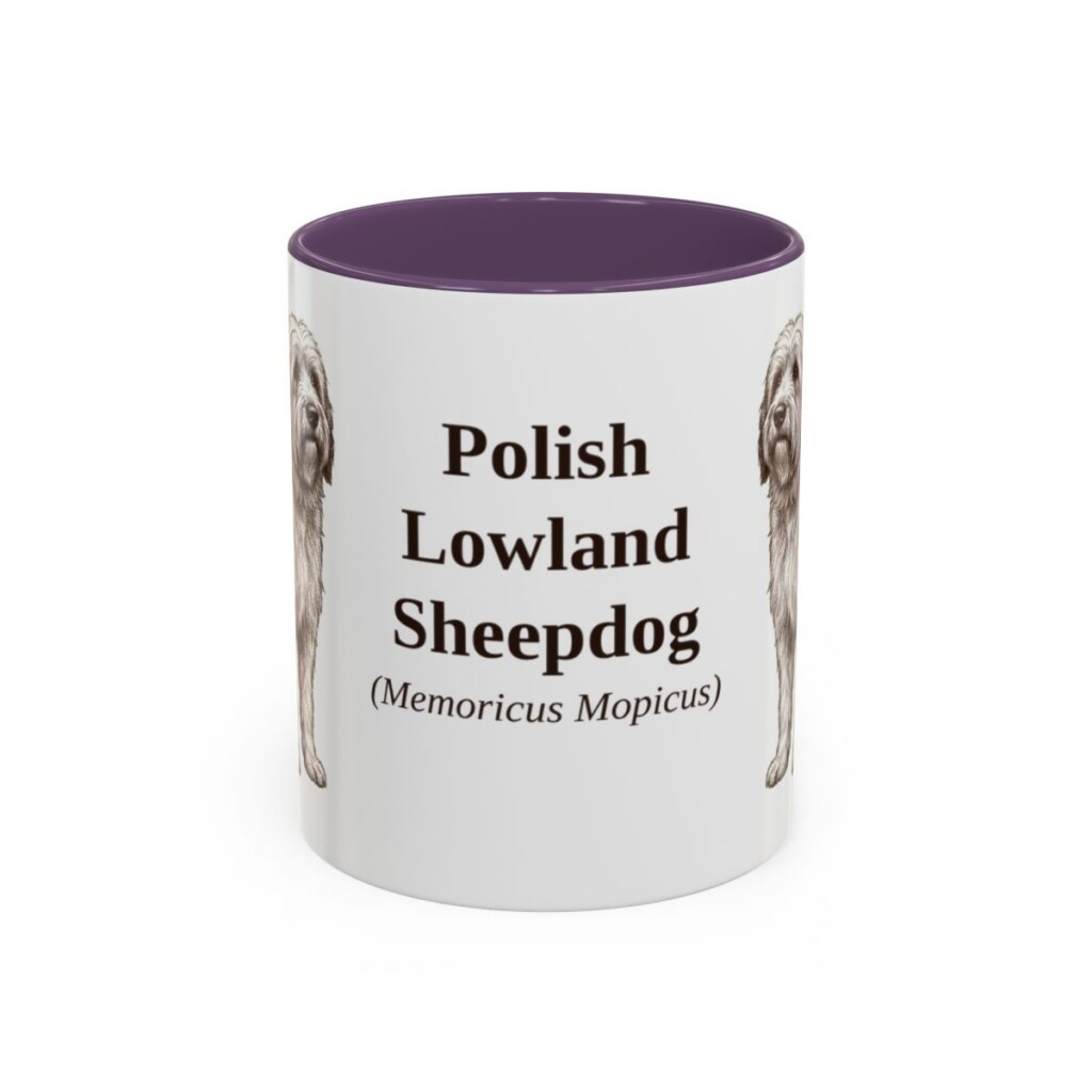 11oz-polish-lowland-sheepdog-mug-latin-purple 11oz Polish Lowland Sheepdog Latin Mug, Purple, front view