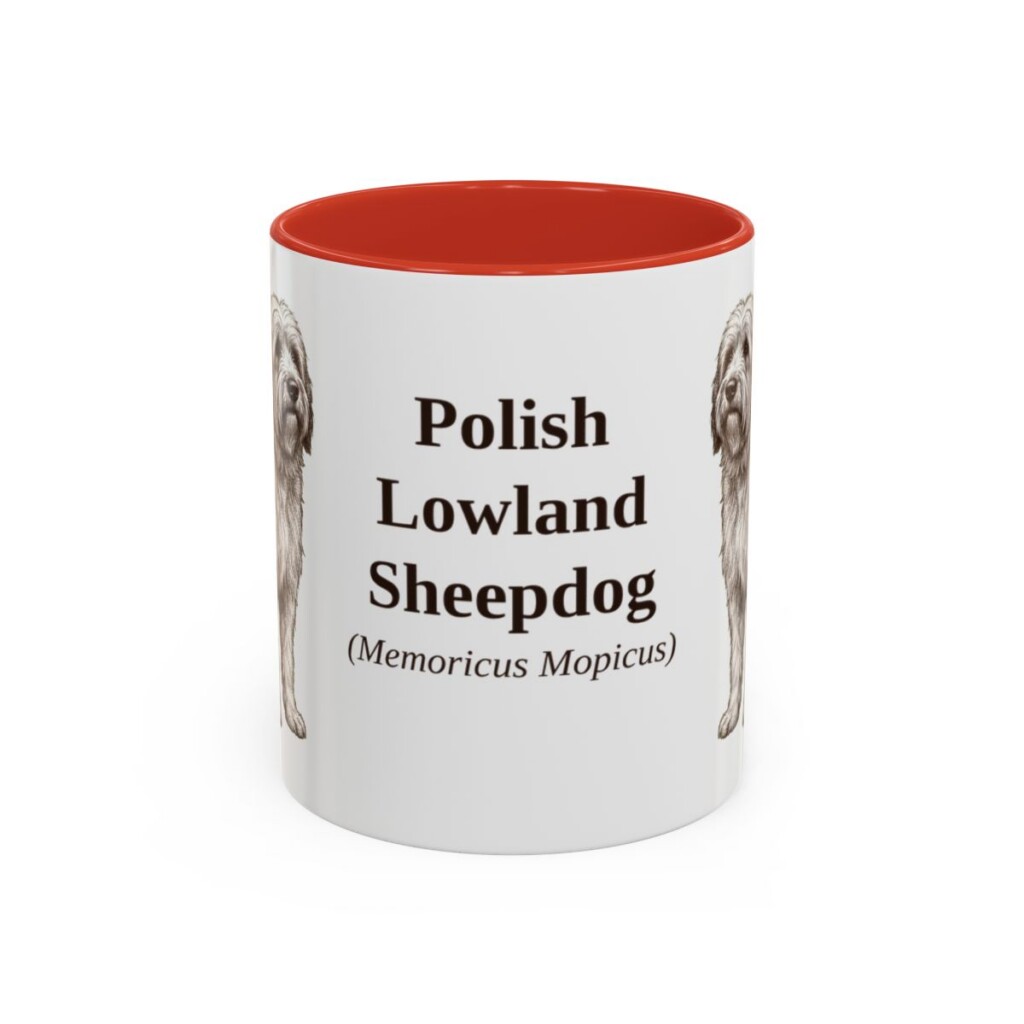 11oz-polish-lowland-sheepdog-mug-latin-red 11oz Polish Lowland Sheepdog Latin Mug, Red, front view