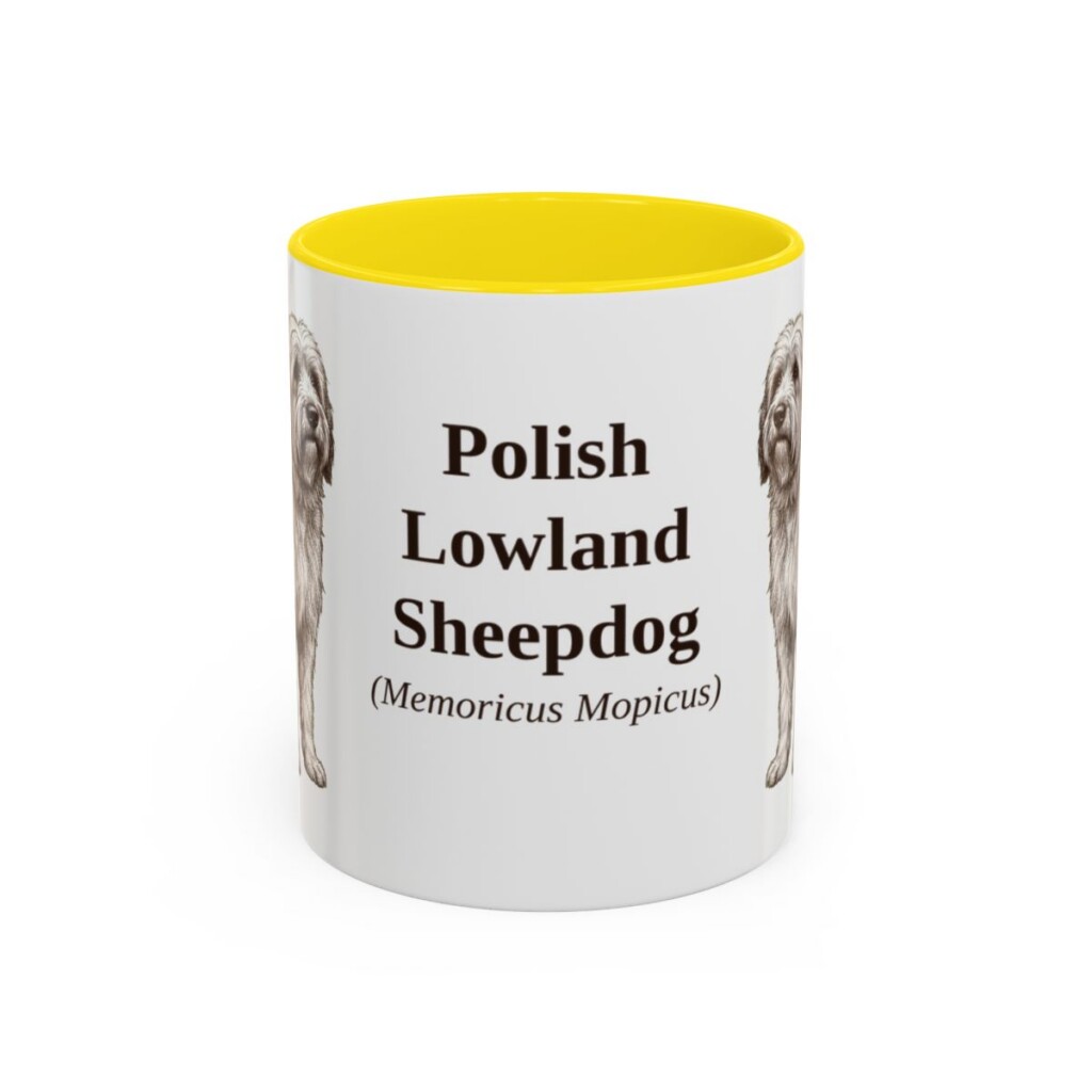11oz-polish-lowland-sheepdog-mug-latin-yellow 11oz Polish Lowland Sheepdog Latin Mug, Yellow, front view