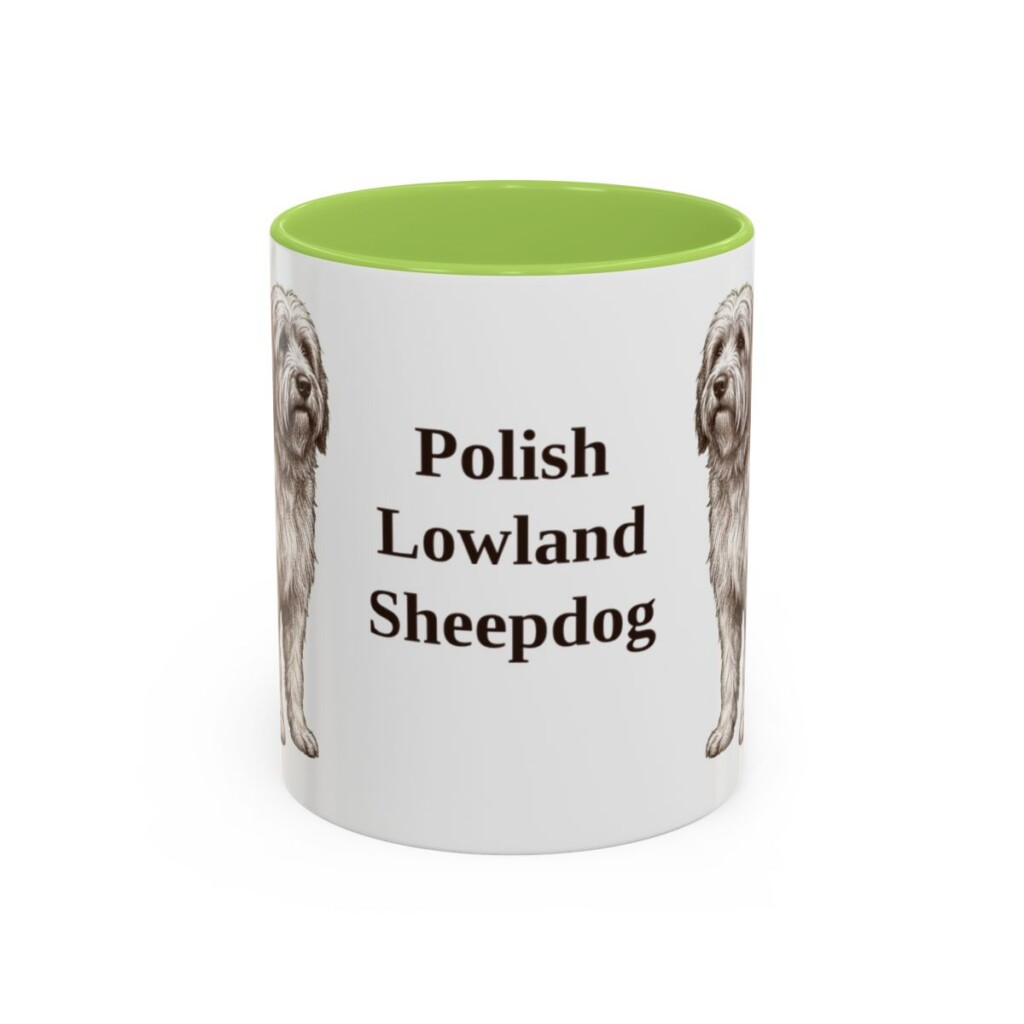 11oz Polish Lowland Sheepdog Mug, Light Green, front view