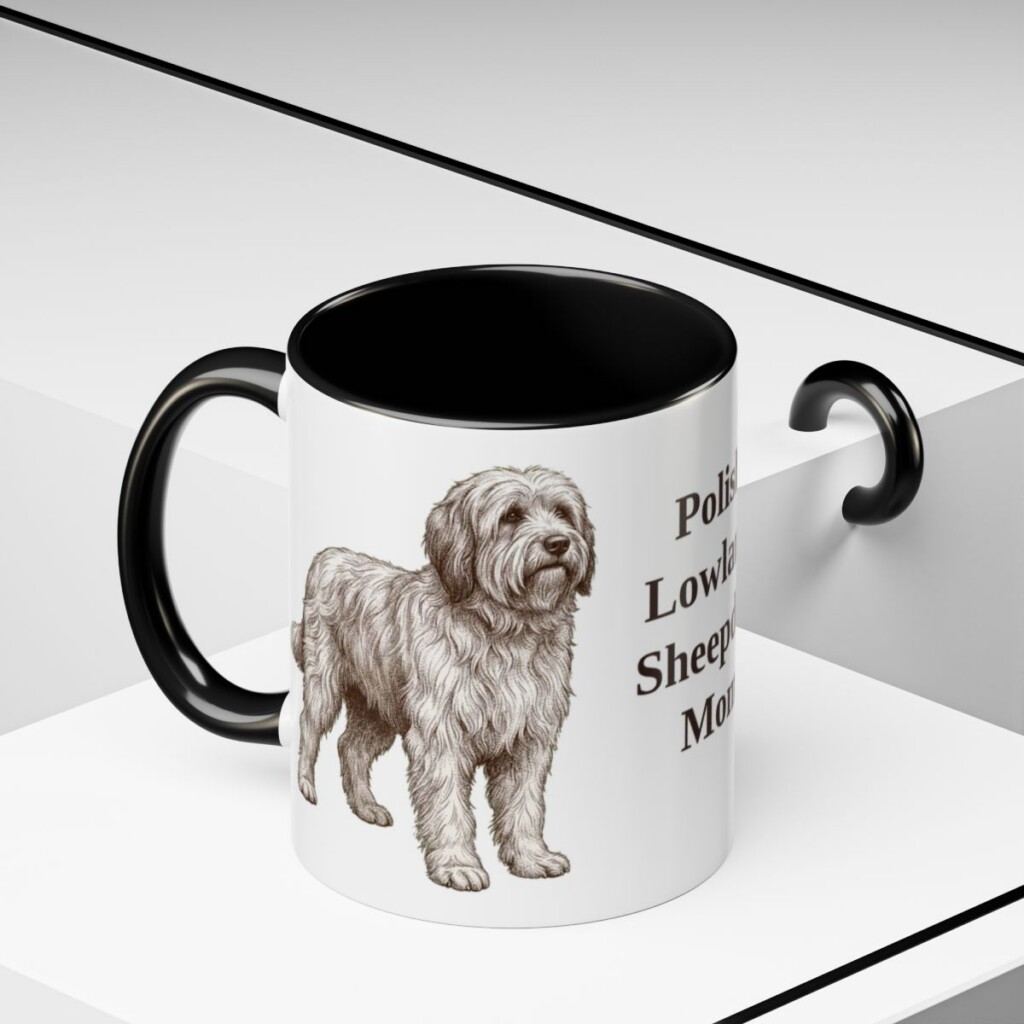 11oz Polish Lowland Sheepdog Dog Mom Mug, Black, lifestyle photo