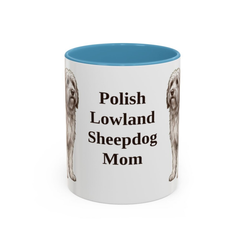 11oz Polish Lowland Sheepdog Dog Mom Mug, Light Blue, front view