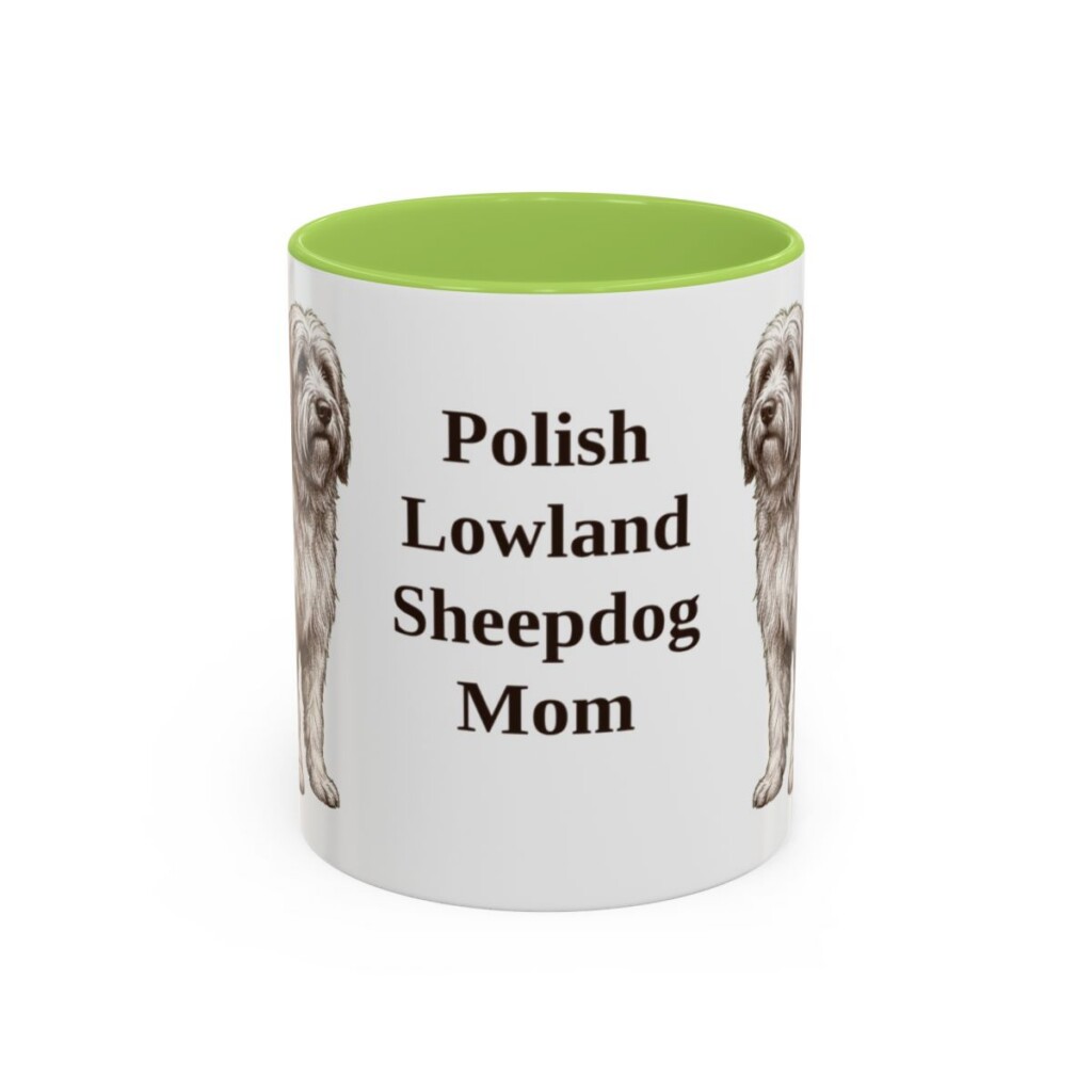 11oz Polish Lowland Sheepdog Dog Mom Mug, Light Green, front view