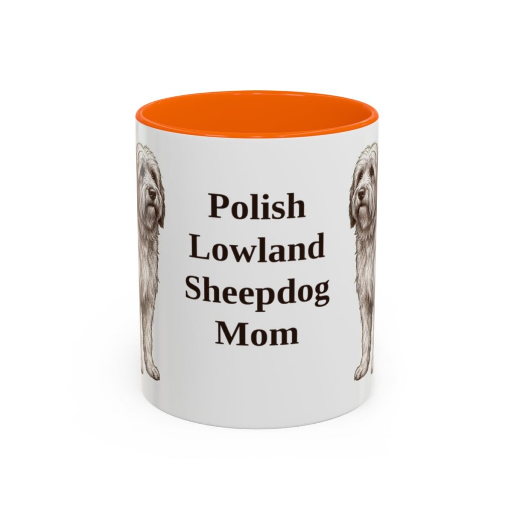 11oz Polish Lowland Sheepdog Dog Mom Mug, Orange, front view