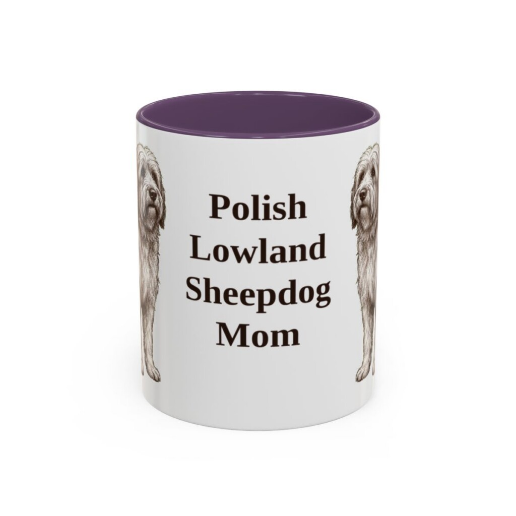 11oz Polish Lowland Sheepdog Dog Mom Mug, Purple, front view